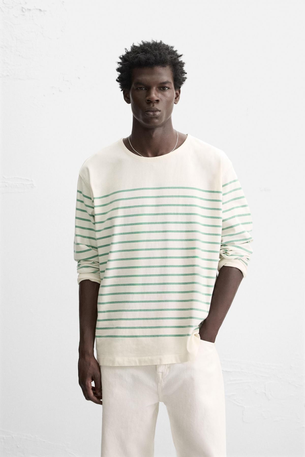 자라 스트라이프 라운드넥 긴팔 티셔츠 1887/301 OYSTER-WHITE - 상세 이미지 3