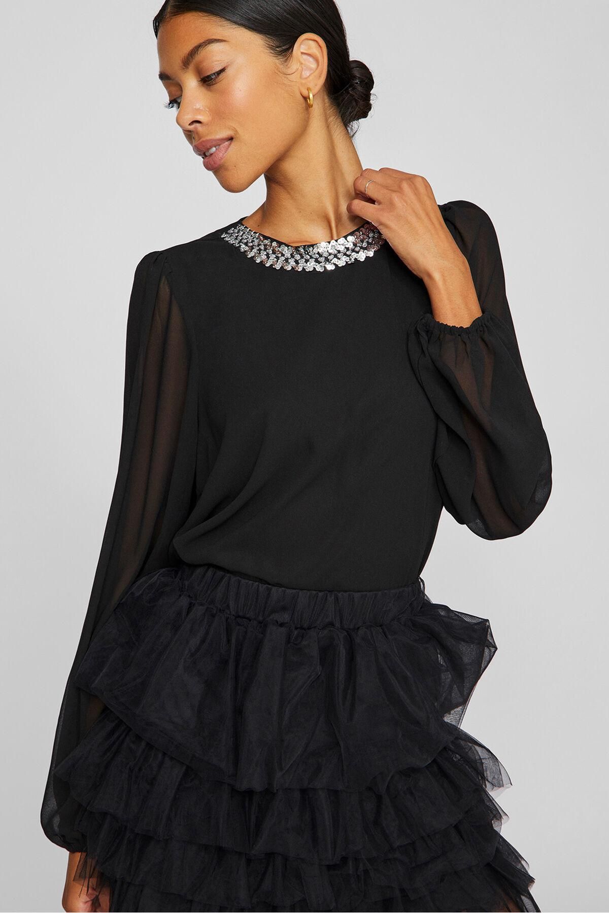 빌라 비즈넥 시스루 블랙 쉬폰 블라우스 4312363 NEGRO - 메인 이미지