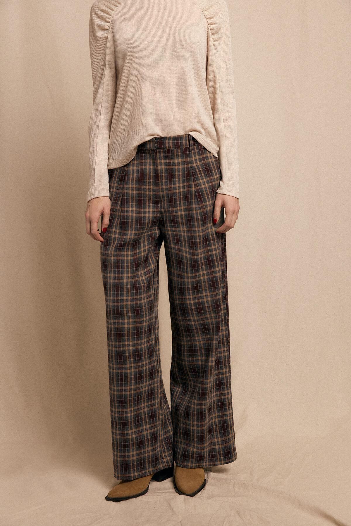 슬로우러브 체크 플리츠 와이드 슬랙스 팬츠 3722146 ESTAMPADO MARRON - 상품 이미지