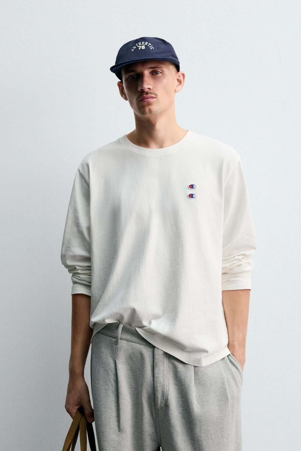 자라 라운드넥 코튼 긴팔 티셔츠 X 챔피온 4087/376 OYSTER-WHITE - 상세 이미지 3