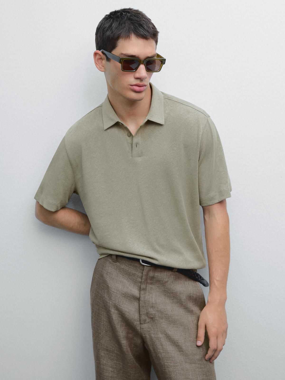 마시모두띠 린넨 블렌드 슬림핏 반팔 폴로 셔츠 0604/157 MARINE GREEN - 메인 이미지