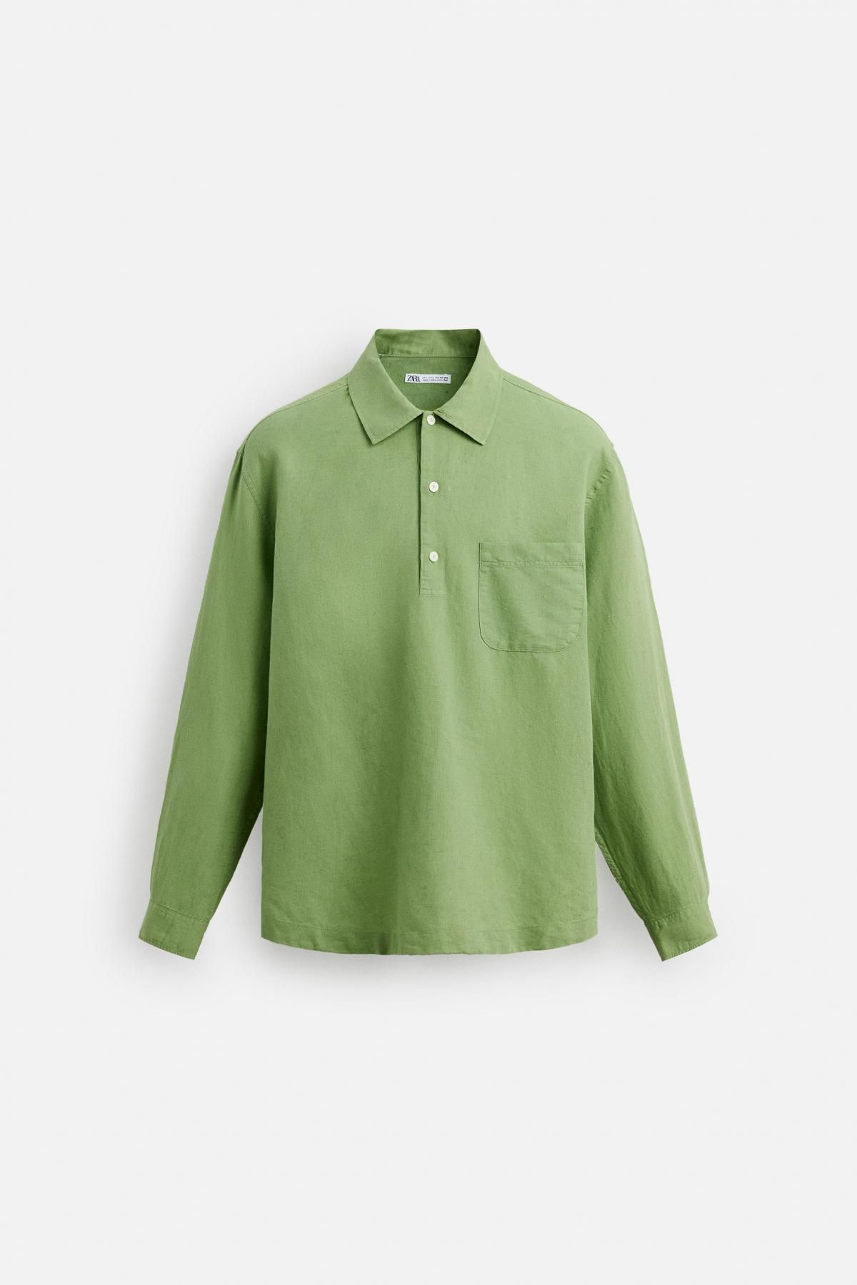 자라 린넨코튼 미니멀 긴팔 폴로셔츠 1063/304 LIGHT GREEN - 메인 이미지