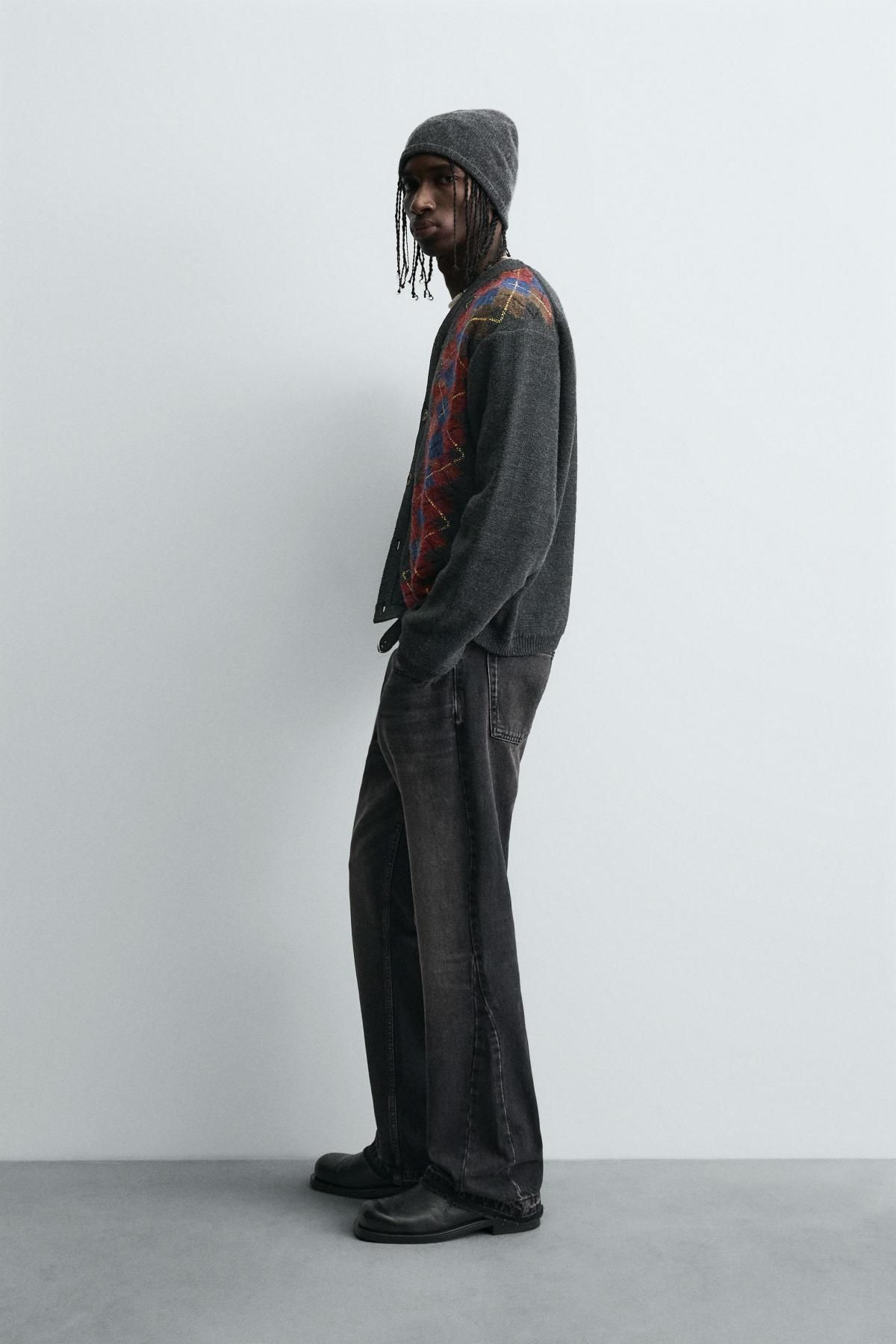 자라 아가일 패턴 브이넥 크롭 니트 가디건 0048/320 ANTHRACITE GREY - 상세 이미지 5