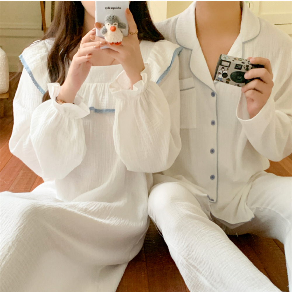 요루면잠옷 신혼부부커플잠옷 원피스파자마 순면 화이트 긴팔 홈웨어 세트 - 상세 이미지 5