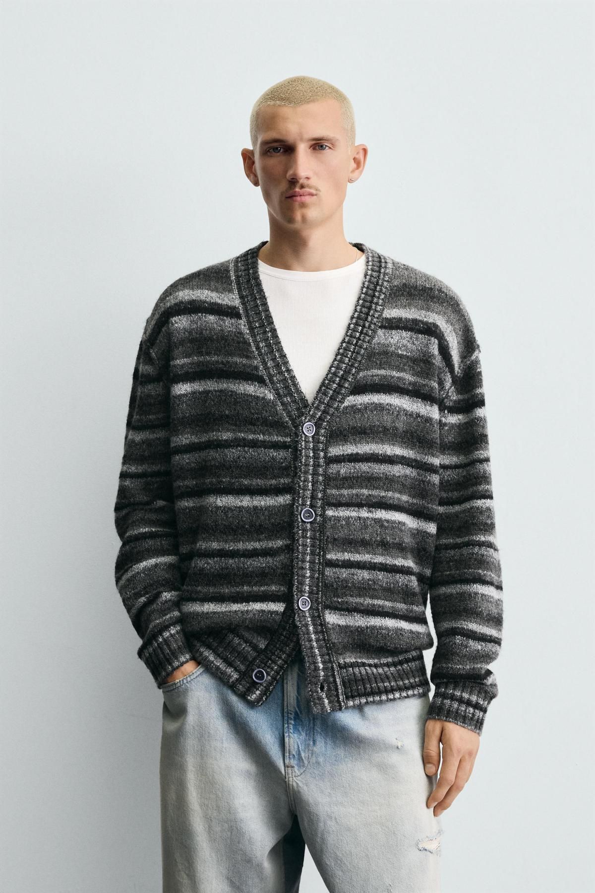 자라 스트라이프 브이넥 자카드 가디건 3920/157 ANTHRACITE GREY - 상세 이미지 3
