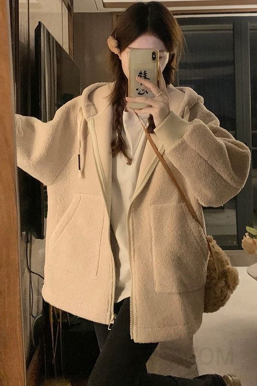 여성 귀여운 곰돌이 귀 후드 루즈핏 양털 후리스 두툼한 따뜻한 겨울 오버핏 아우터 점퍼 자켓 - 상세 이미지 5