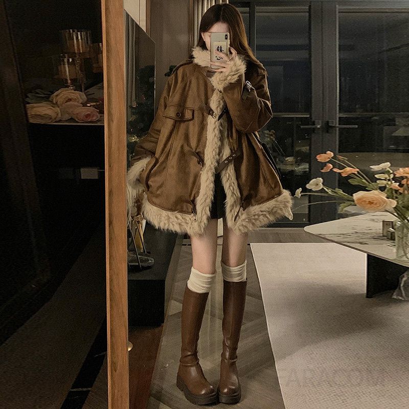 여성 레트로 무스탕 양털 퍼 스웨이드 숏 자켓 카라넥 오버핏 루즈핏 데일리룩 따뜻한 겨울 캐주얼 코트 아우터 - 상세 이미지 5