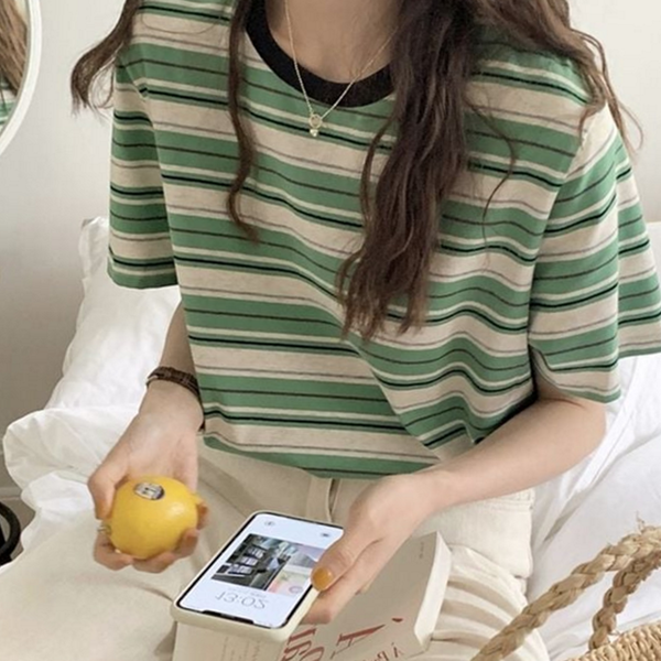 스트라이프 여성 단가라 티셔츠 데일리룩 여성 루즈핏 티셔츠 라운드 - 상품 이미지