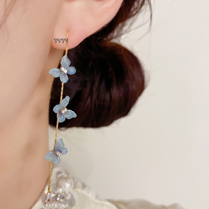 청초한 블루나비 큐빅 롱드롭 이어링 14K 긴귀걸이 이미지 8