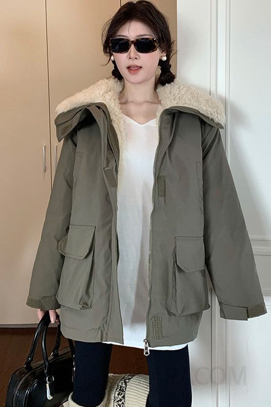여성 루즈핏 오버핏 퍼안감 후드집업 점퍼 야상 캐주얼 보온성 따뜻한 겨울 아우터 - 상세 이미지 5