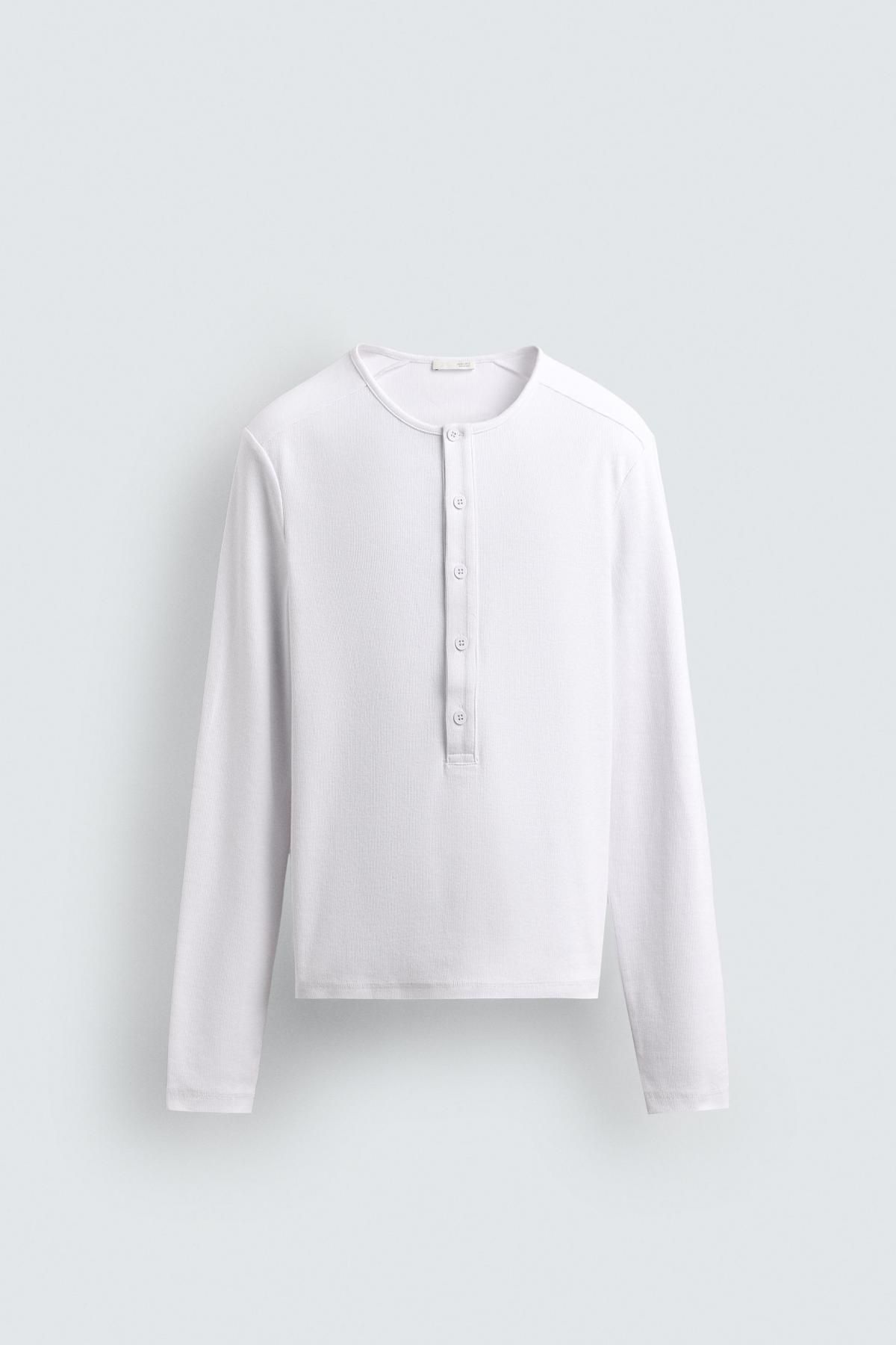 자라 베이직 골지 라운드넥 버튼 긴팔 티셔츠 3992/366 WHITE - 상품 이미지