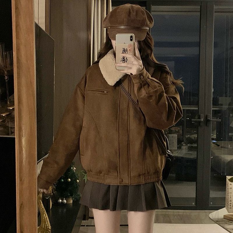 여성 덤블카라 스웨이드 배색 항공 점퍼 따뜻한 두툼한 겨울 캐주얼 아우터 자켓 - 상세 이미지 3