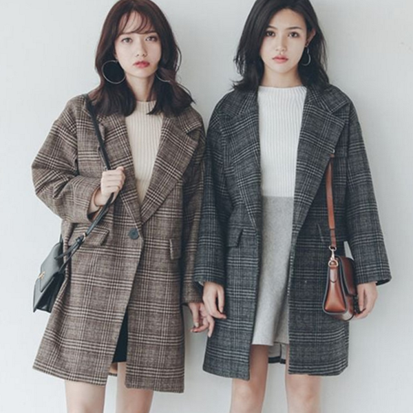 루즈핏 여성 체크 자켓 캐주얼 체크 자켓 모직 겨울 - 메인 이미지