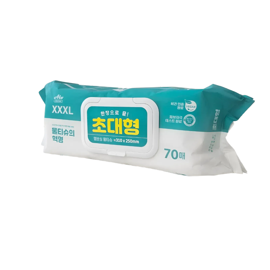 국산 비건 초대형 엠보싱 물티슈 캡형 70매 310X250mm 업소용 대용량 대형 물티슈