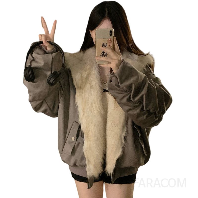 여성 양면 리버서블 퍼 덤블 후드 도톰한 루즈핏 크롭 항공점퍼 데일리 겨울 아우터 - 상세 이미지 5