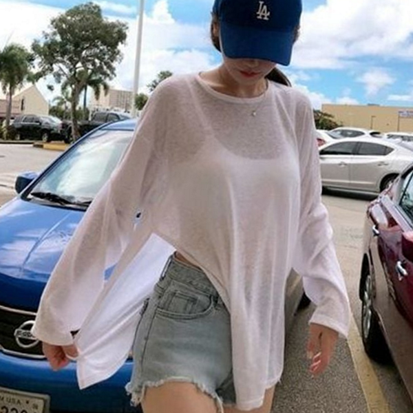 여름 여성 시스루 티셔츠 비치 여성 긴 팔 티셔츠 - 상품 이미지