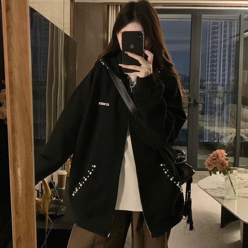 여성 후드 스터드 장식 오버핏 루즈핏 데일리 점퍼 아우터 집업 맨투맨 상의 편안한 코디 봄 가을 - 상세 이미지 4