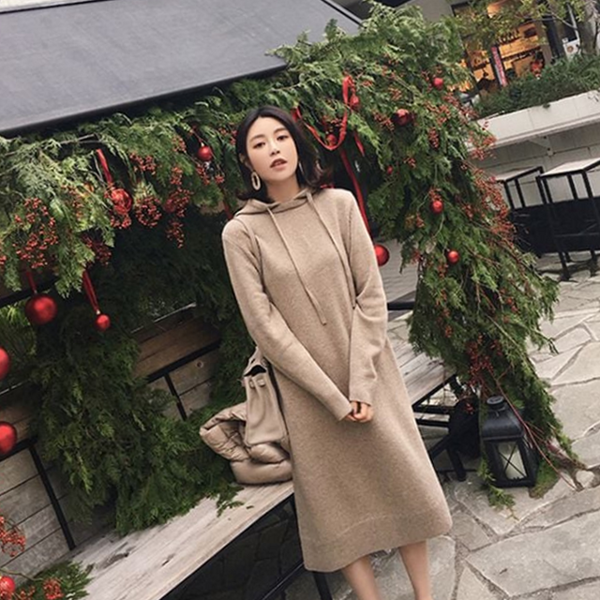 루즈핏 여성 롱 원피스 후드 여성 니트 원피스 캐주얼 - 메인 이미지