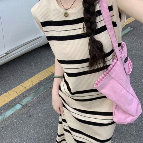 민소매 여성 롱 원피스 스트라이프 롱 원피스 데일리 여름 - 상품 이미지