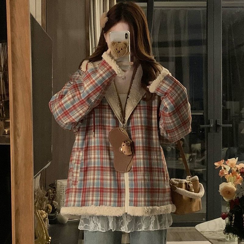 여성 양면 덤블 양털 후드 자켓 레드 체크 루즈핏 오버핏 따뜻한 겨울 데일리 점퍼 외투 - 상세 이미지 3
