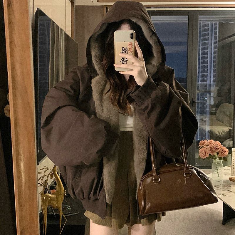 여성 리버시블 뽀글이 양면 플리스 후드 집업 점퍼 따뜻한 가을 겨울 캐주얼 루즈핏 숏 패딩 자켓 아우터 - 상세 이미지 3