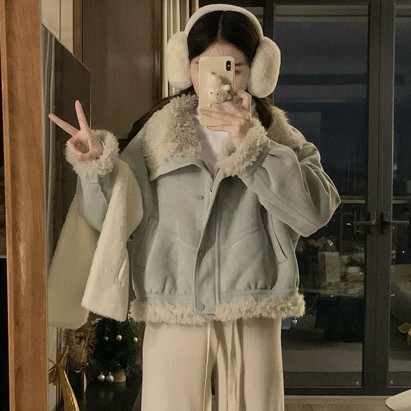 여성 겨울 따뜻한 루즈핏 오버핏 양털 안감 카라넥 숏자켓 집업 점퍼 빅사이즈 캐주얼 아우터 데일리 보온성 - 상세 이미지 2