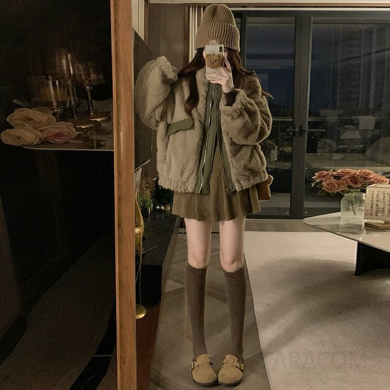 여성 겨울 양면 리버시블 퍼 숏패딩 무스탕 야상 점퍼 오버핏 따뜻한 두꺼운 아우터 자켓 파카 - 상세 이미지 3