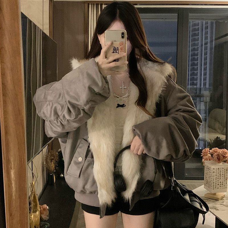 여성 양면 리버서블 퍼 덤블 후드 도톰한 루즈핏 크롭 항공점퍼 데일리 겨울 아우터 - 상세 이미지 4
