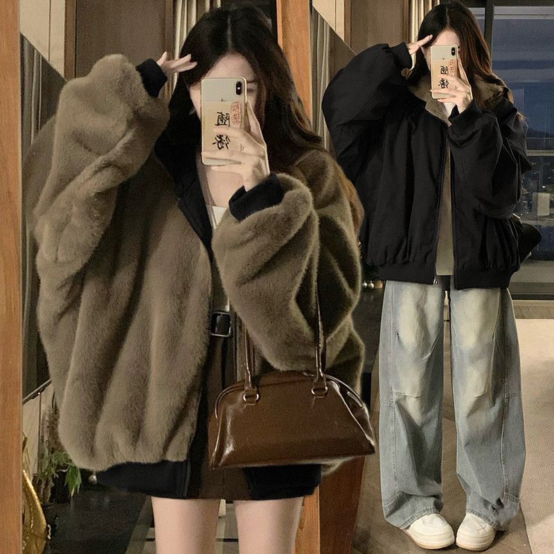 여성 리버시블 뽀글이 양면 플리스 후드 집업 점퍼 따뜻한 가을 겨울 캐주얼 루즈핏 숏 패딩 자켓 아우터 - 상세 이미지 2