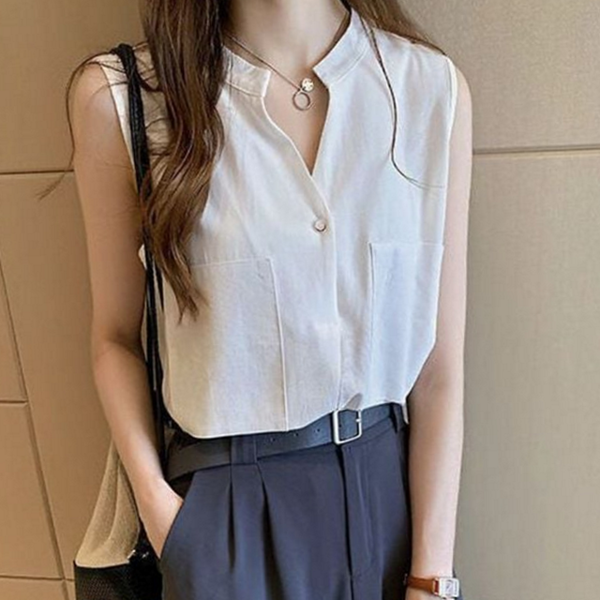 루즈핏 여성 민소매 셔츠 블라우스 여성 브이넥 셔츠 데일리 - 메인 이미지