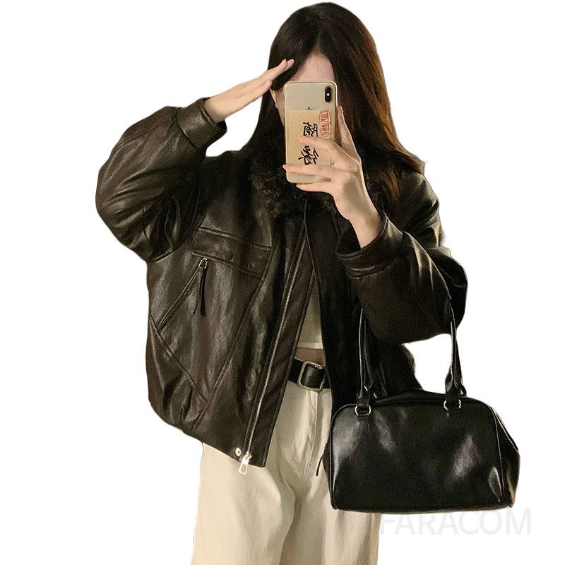 여성 겨울 레트로 스타일 플리스 안감 두꺼운 가죽 자켓 캐주얼한 착용감 가을과 겨울 하객룩에 적합한 다용도 - 상세 이미지 5