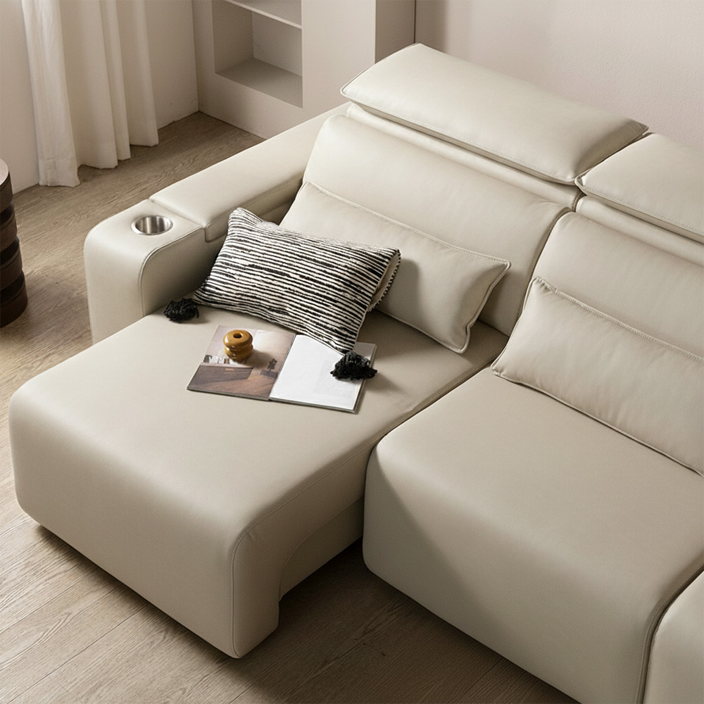 [4인 이지클린 기능성 가죽 소파] 미코하임 르네 슬라이딩 확장형 리클라이너 모션 공간 활용 거실 소파 스툴미포함, 크림베이지(가죽), 4인용