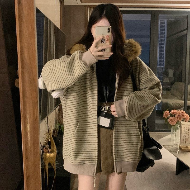 여성 퍼 카라 스트라이프 후드 집업 점퍼 안감 누빔 루즈핏 오버핏 캐주얼 겨울 아우터 - 상세 이미지 3