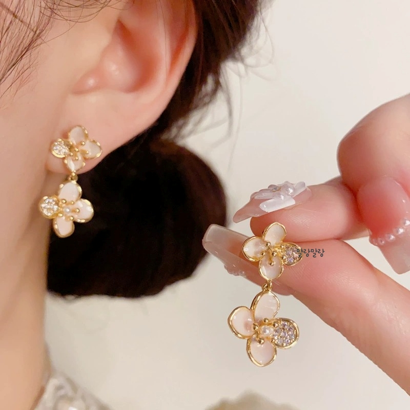 14K 골드 더블 핑크플라워 드롭귀걸이 무알러지 꽃 이어링 - 메인 이미지