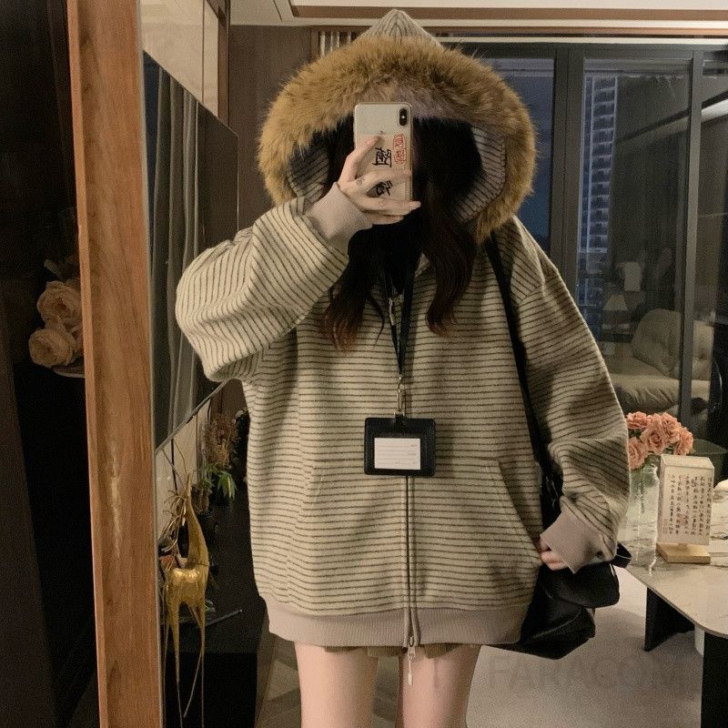 여성 퍼 카라 스트라이프 후드 집업 점퍼 안감 누빔 루즈핏 오버핏 캐주얼 겨울 아우터 - 상품 이미지