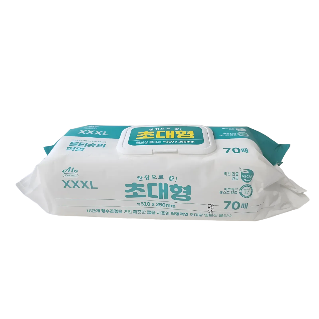 국산 비건 초대형 엠보싱 물티슈 캡형 70매 310X250mm 업소용 대용량 대형 물티슈