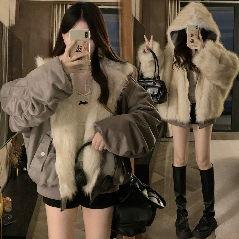 여성 양면 리버서블 퍼 덤블 후드 도톰한 루즈핏 크롭 항공점퍼 데일리 겨울 아우터 - 상품 이미지