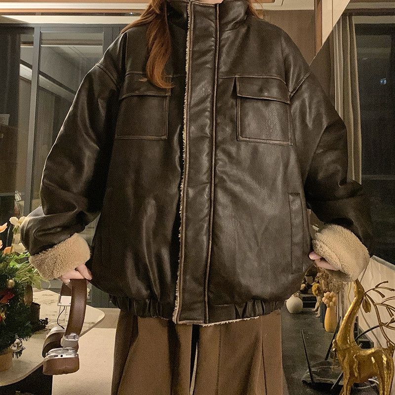 여성 가죽 패딩 재킷 겨울 두꺼운 따뜻한 아우터 가을 하객룩 출근룩 트렌디한 스타일 데일리 활용도 높은 패션 점퍼 - 상세 이미지 4