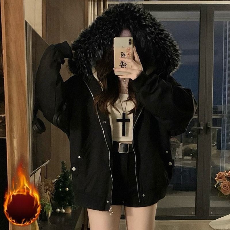 여성 후드 퍼 카라 도톰한 기모안감 루즈핏 지퍼 항공 점퍼 자켓 보온성 좋은 캐주얼 겨울 아우터 - 상세 이미지 2