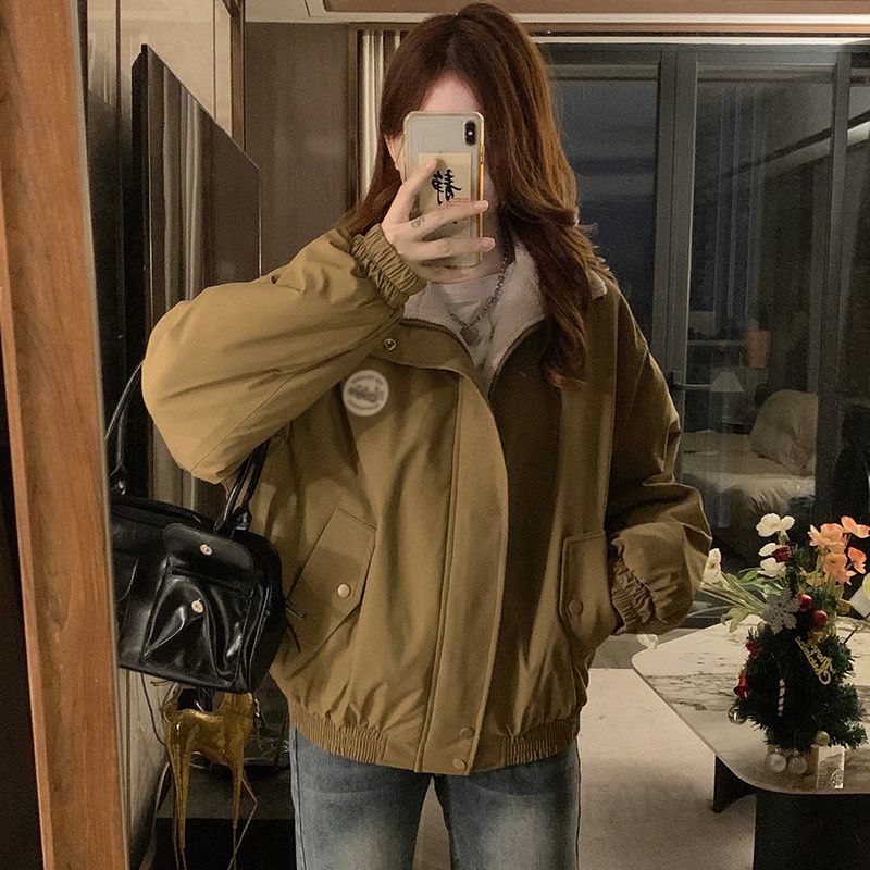 여성용 겨울자켓 칼라 코튼 재킷 트렌디한 플리스 안감으로 따뜻하고 날씬해 보이는 캐주얼 스타일의 느슨한 핏 외출용 코트 - 상세 이미지 3