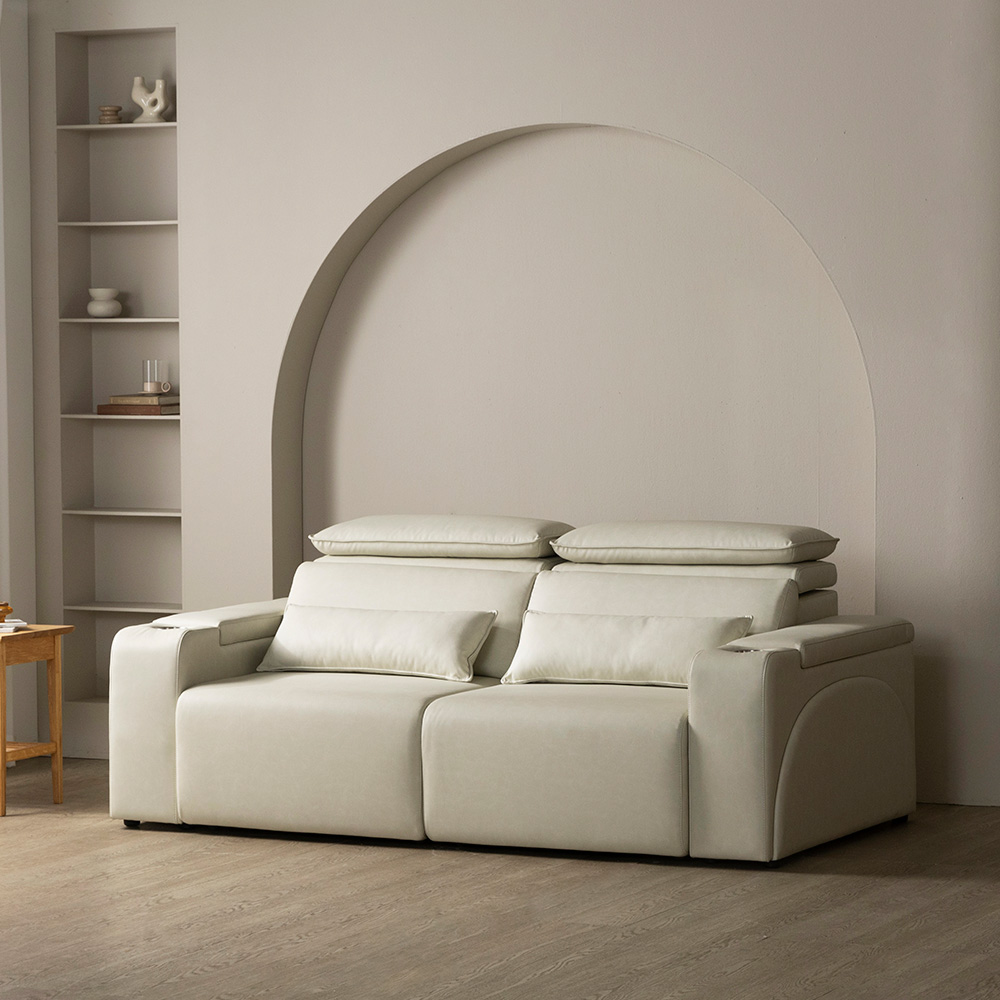 [4인 이지클린 기능성 가죽 소파] 미코하임 르네 슬라이딩 확장형 리클라이너 모션 공간 활용 거실 소파 스툴미포함, 크림베이지(가죽), 4인용