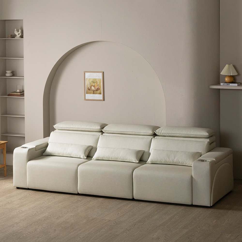 [4인 이지클린 기능성 가죽 소파] 미코하임 르네 슬라이딩 확장형 리클라이너 모션 공간 활용 거실 소파 스툴미포함, 크림베이지(가죽), 4인용