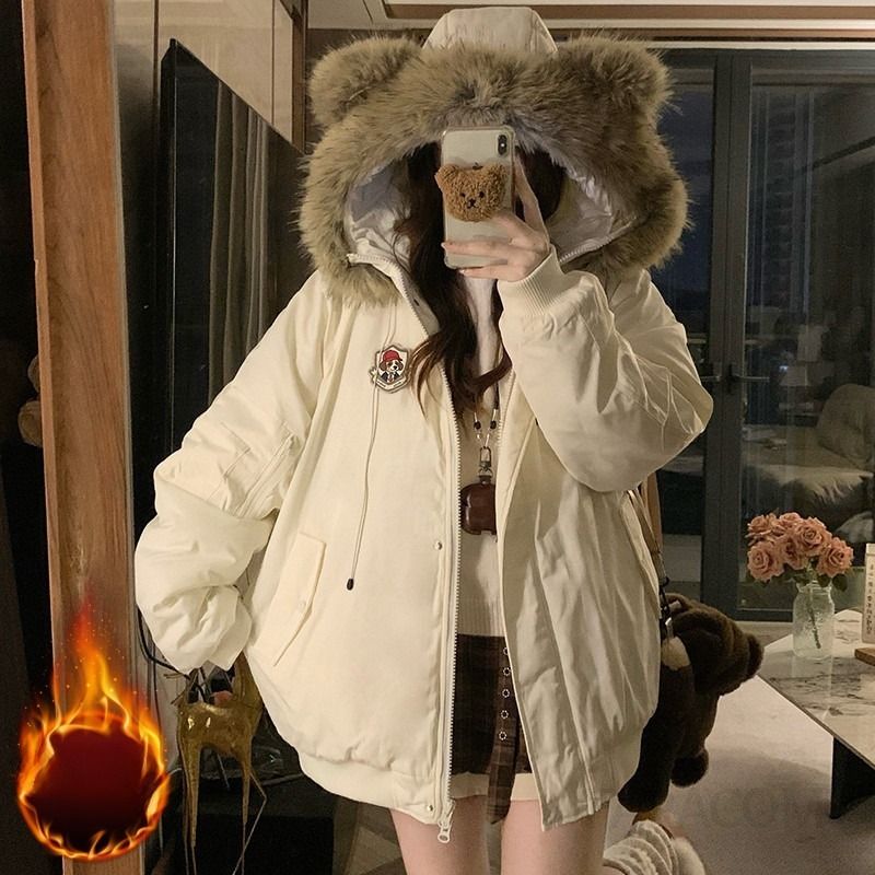 여성 루즈핏 오버핏 귀여운 곰돌이 귀 퍼 후드 숏패딩 점퍼 항공점퍼 캐주얼 데일리룩 겨울 아우터 자켓 - 상세 이미지 2