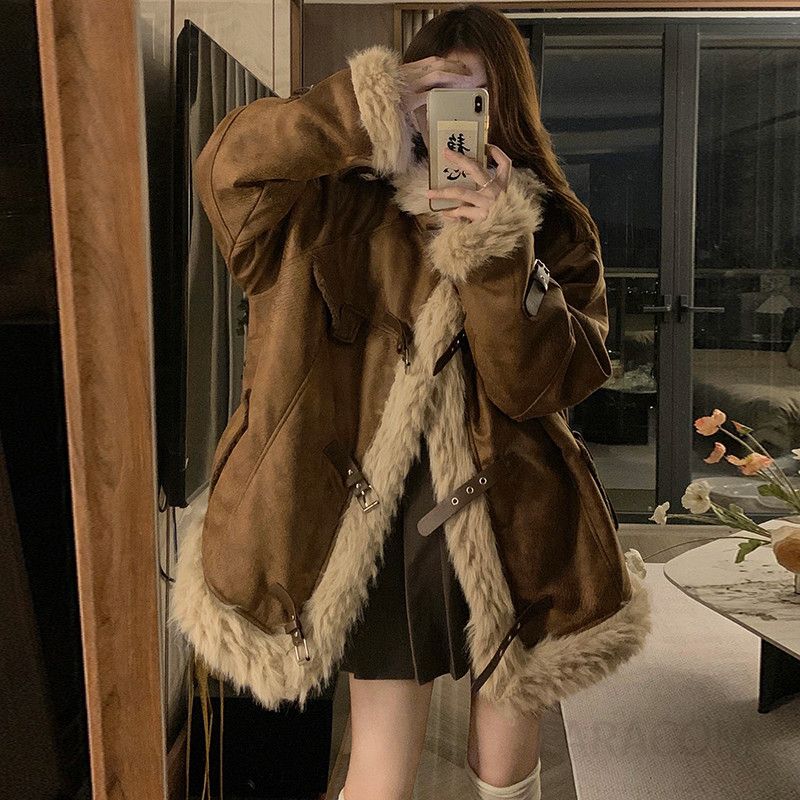 여성 레트로 무스탕 양털 퍼 스웨이드 숏 자켓 카라넥 오버핏 루즈핏 데일리룩 따뜻한 겨울 캐주얼 코트 아우터 - 상세 이미지 3