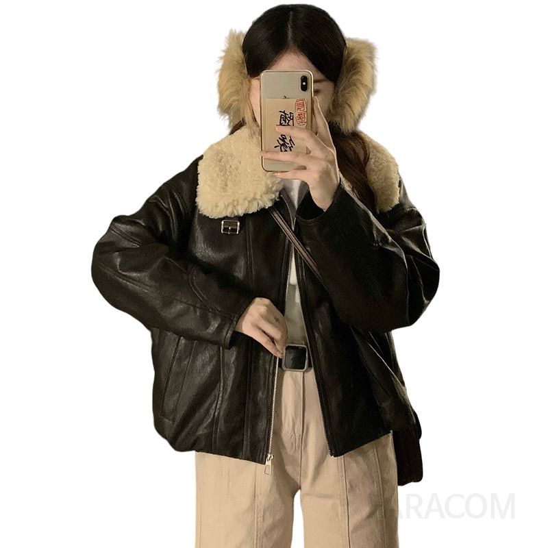 여성 양털카라 페이크레더 무스탕 숏패딩자켓 도톰한 루즈핏 오버핏 따뜻한 겨울 데일리 아우터 - 상세 이미지 5