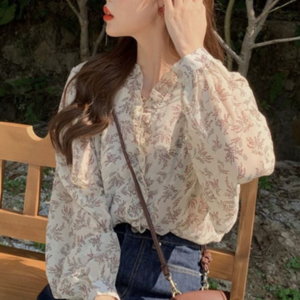 루즈핏 여성 쉬폰 블라우스 데일리 쉬폰 블라우스 레이스 플라워 - 상품 이미지