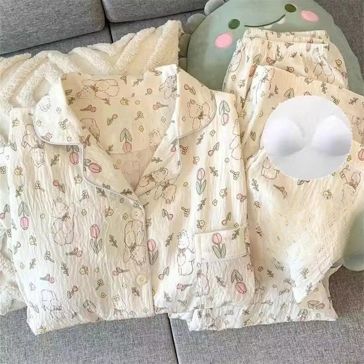 캡내장잠옷 긴팔 3XL 노브라 홈웨어세트 원피스 가을 바지 상하세트 여자 여성 - 상세 이미지 4