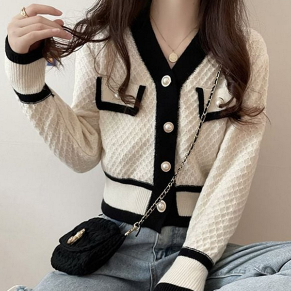 데일리 여성 가디건 오피스 여성 배색 가디건 니트 진주 - 메인 이미지