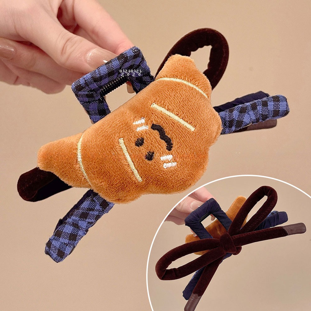 크루아상 인형 머리핀 벨벳 리본집게핀 올림머리헤어삔 - 상세 이미지 2