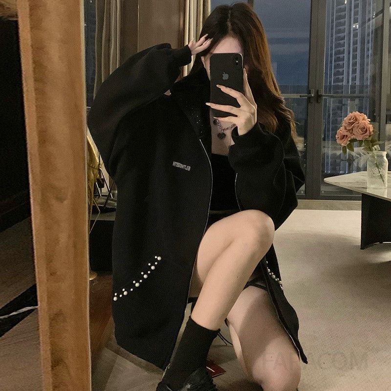 여성 오버핏 볼드 진주 후드집업 루즈핏 데일리 캐주얼 집업 자켓 아우터 가을 점퍼 - 상세 이미지 4